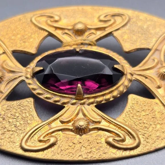 Art Nouveau Style Gold Tone Sash Pin Brooch Faceted Amethyst Glass Statement - Picture 2 of 10
